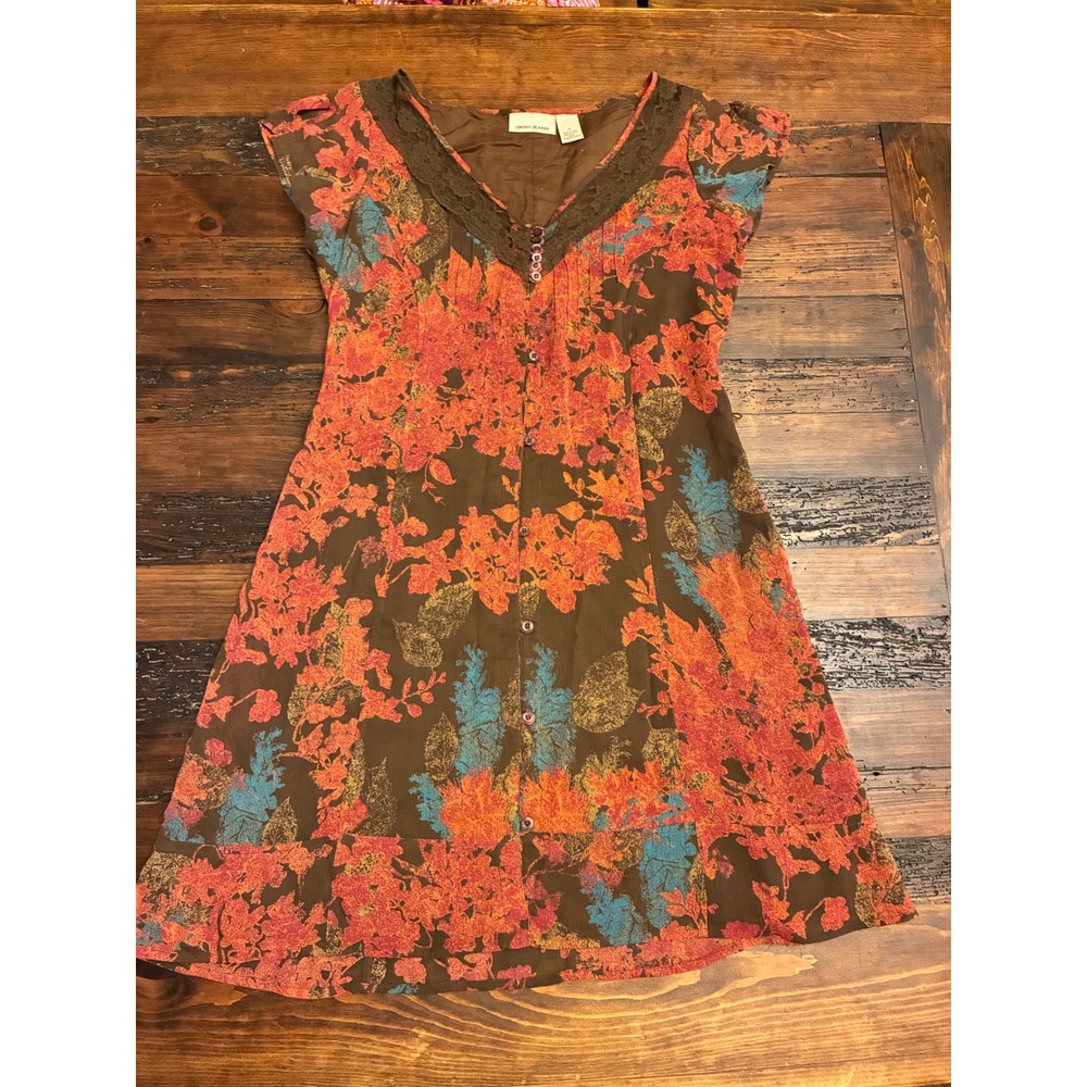 DKNY Y2K Earthy Mini Slip Dress Sheer Lace V-Neck Cap Sleeves Women Medium